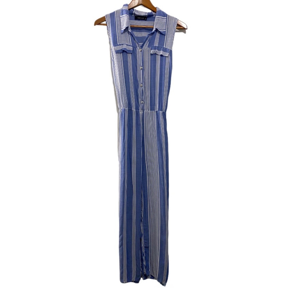 Corvia Sleeveless Blue & White Striped Jumpsuit One Piece Womens Medium Collared